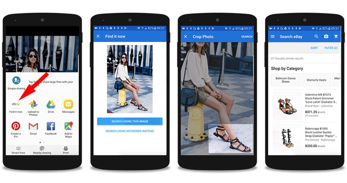 A series of smartphone screens lined up in a row, that showcase the process of Find it on eBay, from selecting the app to searching an image and shopping by item.