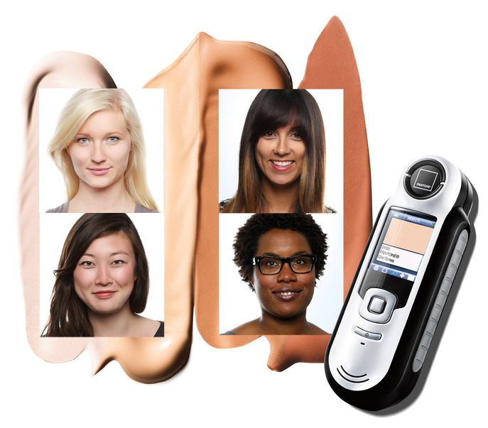 Photos of four women, with different shades of skin, overlaid with four matching shades of foundation. The Sephora AI skintone reader device is just to the right, with a screen that displays a shade and Pantone number.